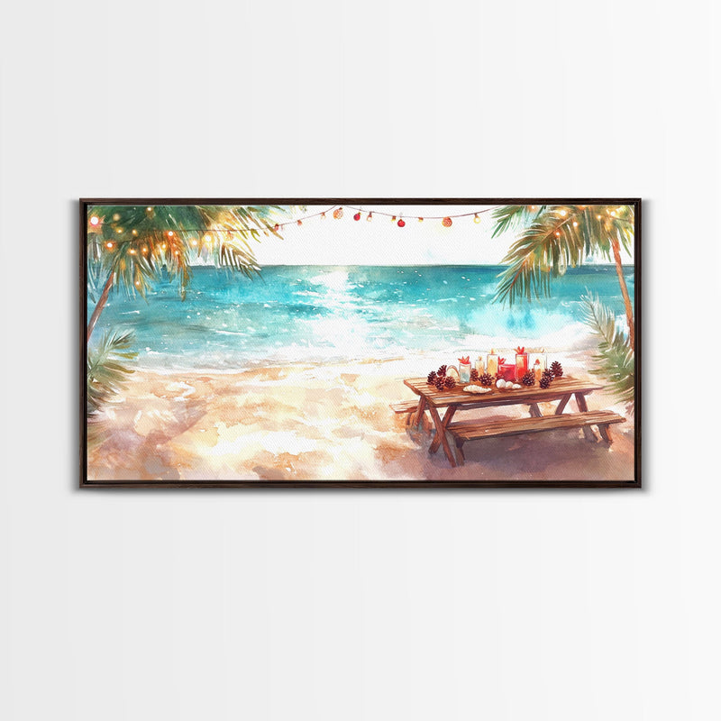 Beach Christmas decor picnic setup with palm trees and lights, framed canvas print showcasing tropical coastal holiday art decor