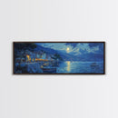 Fishing Village at Midnight Under a Full Moon, Framed Canvas Print, Panoramic Wall Art, Eclectic Boho Home Decor, Wide Oversized Wall Art