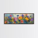 Wildflowers Field Framed Canvas Print Oil Painting, Long Horizontal Art, Vintage Spring Meadow Landscape, Panoramic Landscape Print
