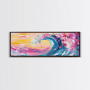 Rainbow Waves, Pink and Turquoise Ocean Waves Framed Canvas Print, Eclectic Kitsch Decor, Retro Farmhouse Wall Art