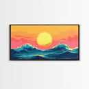Synthwave Sunset Over Ocean Waves, Framed Canvas Print, Retro 80s Inspired Home Decor Wall Art