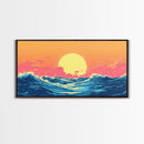 Vaporwave Sunset Over Ocean Waves Framed Canvas Print, Retro Vibes Wall Art