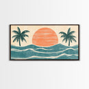 Japanese Wood Block Print Style Sunset and Palm Trees, Framed Canvas Print, Boho Style, Minimalist home Decor