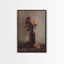 Roses in a Wine Bottle Oil Painting Print, Still Life of Roses, Rose Painting, Rose Art, Moody Decor, Subdued Art