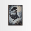 Witch Flying with an Umbrella, Framed Canvas Print, Witchy Decor, Halloween Wall Art, Goth Art, Dark Academia