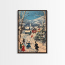 Ice Skating in The Streets on Christmas Morning Framed Canvas Print - Retro Christmas Village Wall Art - Christmas Above Mantle Centerpiece Art