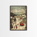 Vintage Christmas Trolley Painting Print, Framed Canvas Art, Christmas Village Wall Art