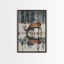 Elk Drinking Water Oil Painting Print, Framed Canvas, Deer Drinking Water In Forest Painting, Nature Decor, Cabin Wall Art, Winter Wall Art