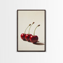 Three Cherries Framed Canvas Print, Cherry Painting, Cherry Wall Art, Ready To Hang Painting, Framed Wall Art, Photorealism, Fruit Art