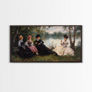 Victorian Women Having a Summer Party on the River, Framed Canvas Print, Victorian Summr Day Oil Painting Print, Whimsical Wall Art