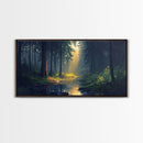 Sun Shines Through The Forest Trees, Framed Canvas Print, Fantasy Landscape Painting, Forest Landscape Oil Painting Print, Living Room Decor