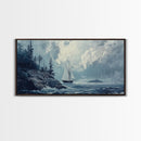 Pirate Ship Off The Coast, Framed Canvas Print, Wood Framed Art, Nautical Decor, Sailboat Painting