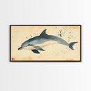 Retro Minimalist Dolphin Painting, Dolphin Home Decor, Framed Canvas Print, Nautical Decor, Elegan Japanese Style Artwork, Wabi Sabi Art