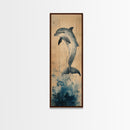 Framed Canvas Print Blue Dolphin Painting Coastal Nautical Wall Art, Beach-Inspired Above Bed Art, Boho Coastal Living Room Decor, Gift Him