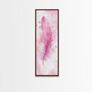 Pink Feather Artwork Framed Canvas Print, Vertical Whimsical Art Light Pink Decor, Boho Minimalist Gift Bedroom and Dorm Wall Art