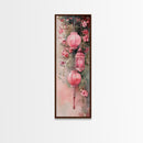 Lantern Glow Canvas Print, whimsical Moroccan wall art with light pink tones and floral accents, tall skinny vertical wall art piece.