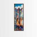 Vibrant Western Boots Framed Canvas Print, Coastal Cowgirl Artwork, Farmhouse Rustic Decor, Bright Living Room Vertical Art