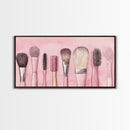 Makeup Brush Art Framed Canvas Print, Light Pink Chinoiserie Wall Art Whimsical Decor, Minimalist Art Rustic Wall Gift Idea