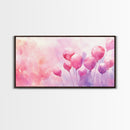 Pink Balloons Painting Framed Canvas Print, Whimsical Art Light Pink Wall Decor, Extra Wide Horizontal Wall Art Rustic Art Gift