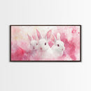 Three Bunnies Canvas Print, Adorable Pink Abstract Art Featuring Rabbits, Whimsical Nursery Wall Decor or Easter Themed Art