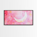 Crescent Moon and Stars Design in Pink Wall Art Style on Framed Canvas Print, Nursery or Bedroom Light Pink Whimsical Art