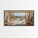 Framed Canvas Print of Desert Retreat with Cactus and Mountain View, Southwest Wall Art, Living Room Boho Decor