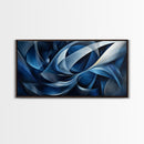 Abstract Blue Swirls Canvas Print, Geometric Wall Art Horizontal Decor, Moody Modern Artwork Gift Idea Living Room Panoramic Art
