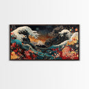Ocean Waves Framed Canvas Print, Japanese Inspired Coastal Wall Art, Nautical Decor, Coastal Landscape Art, Extra Wide Panoramic Art