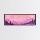 Mountain Landscape Art Framed Canvas Print in Light Pink Hues with Starry Sky, Bedroom or Living Room Artwork, Rustic Decor Painting
