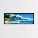 Tropical Paradise Beach Framed Canvas Print - Panoramic Hawaii Coastal Painting, Nautical Wall Art, Ocean View Living Room Wall Decor