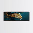 Leopard In Motion Framed Canvas Print - Abstract Jungle Painting, Teal And Orange Wildcat Art, Modern Safari Wall Decor, Bedroom Accent