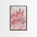 Elegant watercolor crowns and roses painting, framed canvas print, rose painting, goddess art print, chic pink wall art for living room