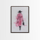 Woman in Coat Framed Canvas Print Light Pink Wall Art Moody Minimalist Fashion Illustration Rustic Aesthetic Unique Gift Idea