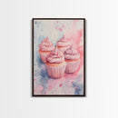 Pink frosted cupcake painting on framed canvas print, whimsical art, food review kitchen art, living room art, guest room decor