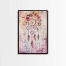 Dreamcatcher with Roses Framed Canvas Print Boho Bedroom Art Botanical Prints Pink Wall Art Light Pink Home Decor Wildflower Painting