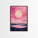 Moonlit Sky over Lake Framed Canvas Print, Pink Night Landscape Painting Coastal Wall Art, Minimalist Bedroom or Guest Room Decor