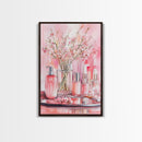 Pink wildflower botanical prints with glass bottles framed canvas print for bedroom or guest room rustic decor gift idea her wall art