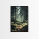 Forest Path Landscape Framed Canvas Print with Pine Tree Art, Rustic Decor and Serene Nature Above Sofa Artwork