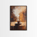 Rustic Steaming Coffee Framed Canvas Print | Warm Coffee Wall Art | Cozy Kitchen Art | Espresso Painting | Coffee Lover Gift Idea