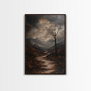 Mountain Painting Framed Canvas Print with Mystical Sunrise Over Autumn Forest Path, Rustic Landscape Art with Moody Coastal Vibes