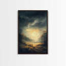 Landscape Painting Framed Canvas Print Featuring Sunset Over Autumn Forest with Dark Romantic Smoky Mountain Art and Rustic Decor