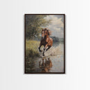 Splashed Stallion Crossing Water Framed Canvas Print Vintage Horse Art Rustic Wall Art Living Room Gift Idea Boho Style