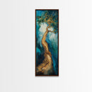 Twisting Tree, oak tree art, nature painting, forest at dusk painting, textured wall art, Framed Canvas Print, vertical wall art