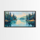 Tranquil Lake, pine tree art, landscape painting, smoky mountain art, panoramic painting, nature painting, Framed Canvas Print