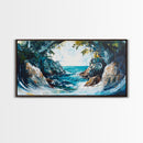 Ocean Cave, coastal landscape art, seascape painting, blue and green wall art, framed canvas print, extra wide art, beach painting