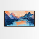 Twilight Peaks, pink orange wall art, framed canvas print, panoramic painting, above sofa art, extra wide art, landscape painting