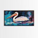 Bird art, pelican painting, framed canvas print, coastal decor, extra wide art, tropical painting, colorful abstract wall art