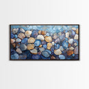 Seashell Beach Art, coastal wall art, oyster shell painting, blue and green wall art, framed canvas print, extra wide art