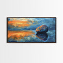 Zen Stone Reflection, moody art, minimalist art, coastal painting, blue and green wall art, extra wide art, canvas print