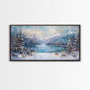 Lake Tahoe Art, Snowy Landscape, Winter Cabin Decor, Framed Canvas Print, Blue and Green Wall Art, Horizontal Wall Art
